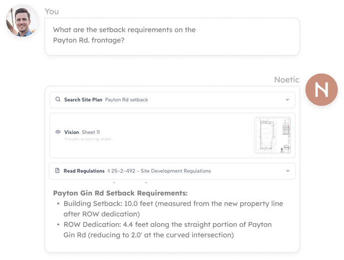 Noetic chat interface answering site plan questions with sources