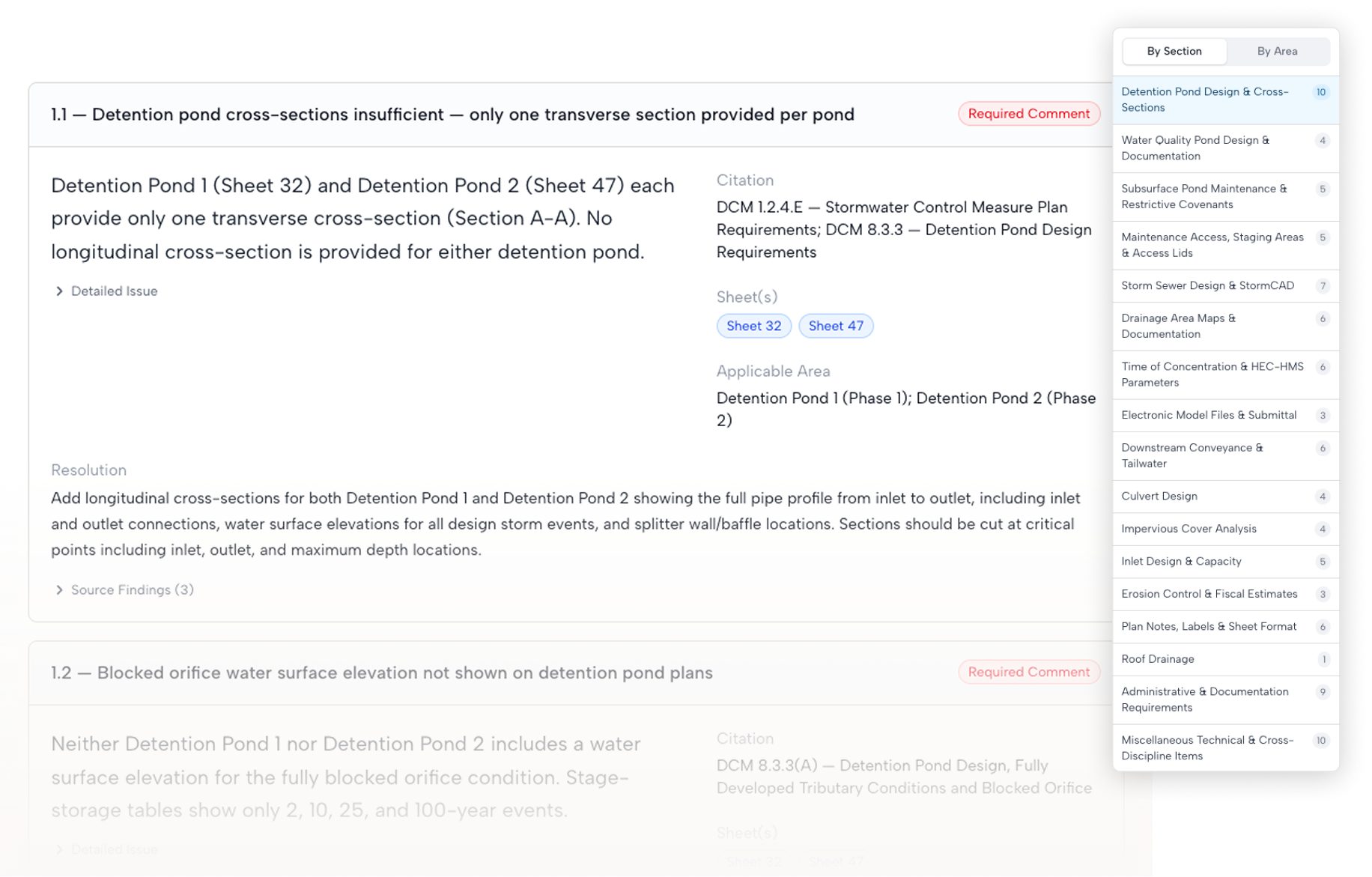 Noetic compliance review report showing issues organized by department with code citations